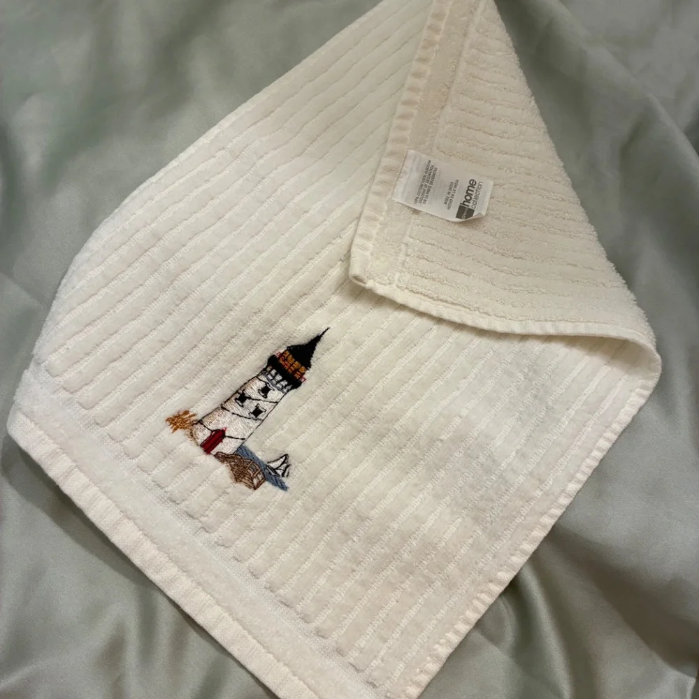 Ivory Towel & Wash Cloth Set With Lighthouse Embroidered on Wash Cloth Only EUC
